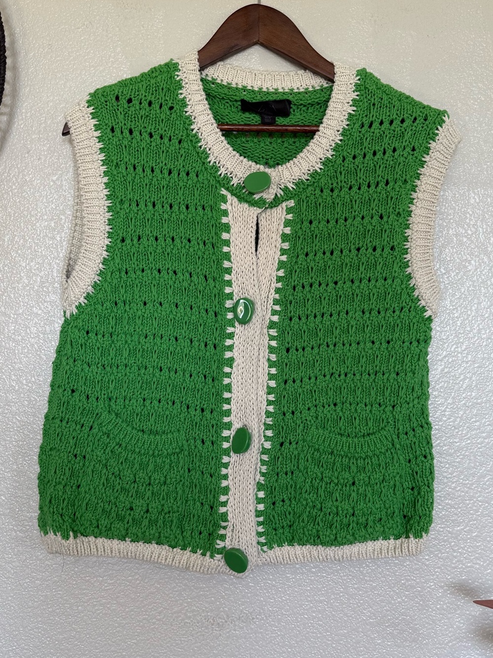 Zara Green Crochet Button Vest with Cream Trim
